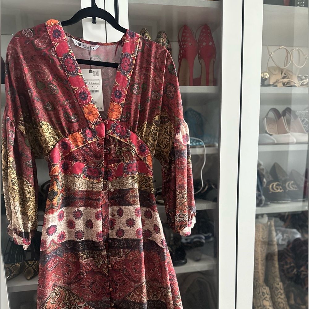 ZARA PATCHWORK PRINT BALLOON SLEEVES MIDI DRESS size XS Bohemian Maxi Dress - Picture 2 of 10